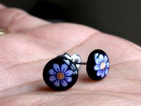 Tiny Purple Flower Stud Earrings Pysanky Eggshell Jewelry by So Jeo : pysanky sojeo so jeo pysanka ukrainian easter egg batik art eggshell artist design designs finch parakeet lovebird tiny actual earrings jewelry pendants pysanka ukrainian easter egg batik art eggshell artist design designs earrings jewelry pendants